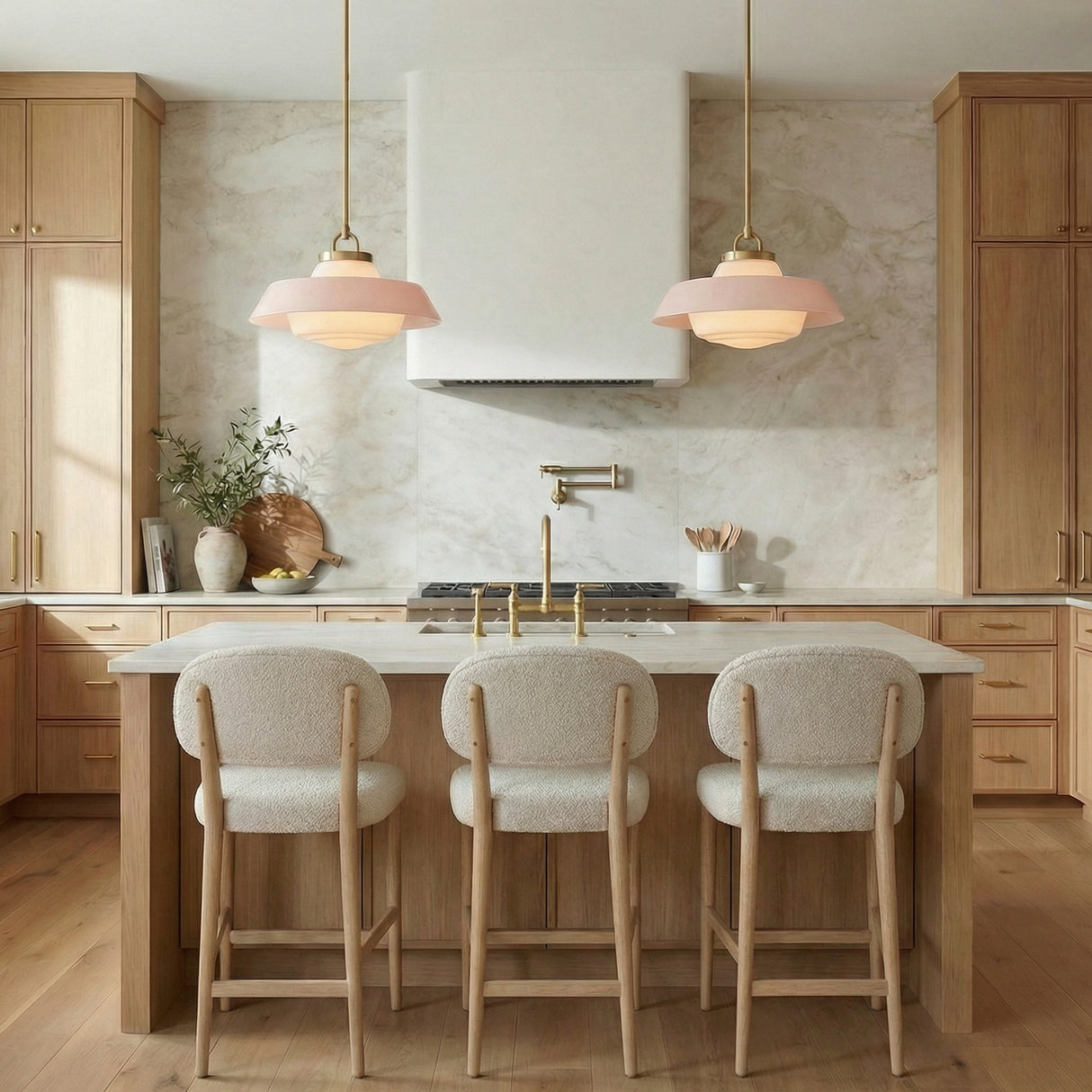 Blaine Medium Pendant 16", Brass and Rose Quartz geometric pendant in a Contemporary Kitchen with a white marble island.