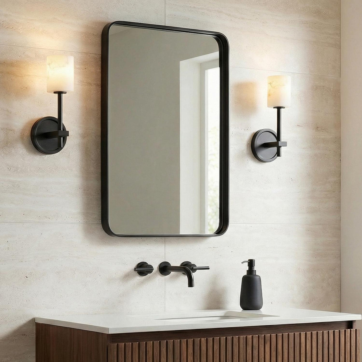 Arlo Wall Sconce 11", Matte Black and Alabaster geometric Wall Sconce in a Modern Bathroom with a fluted wood vanity.