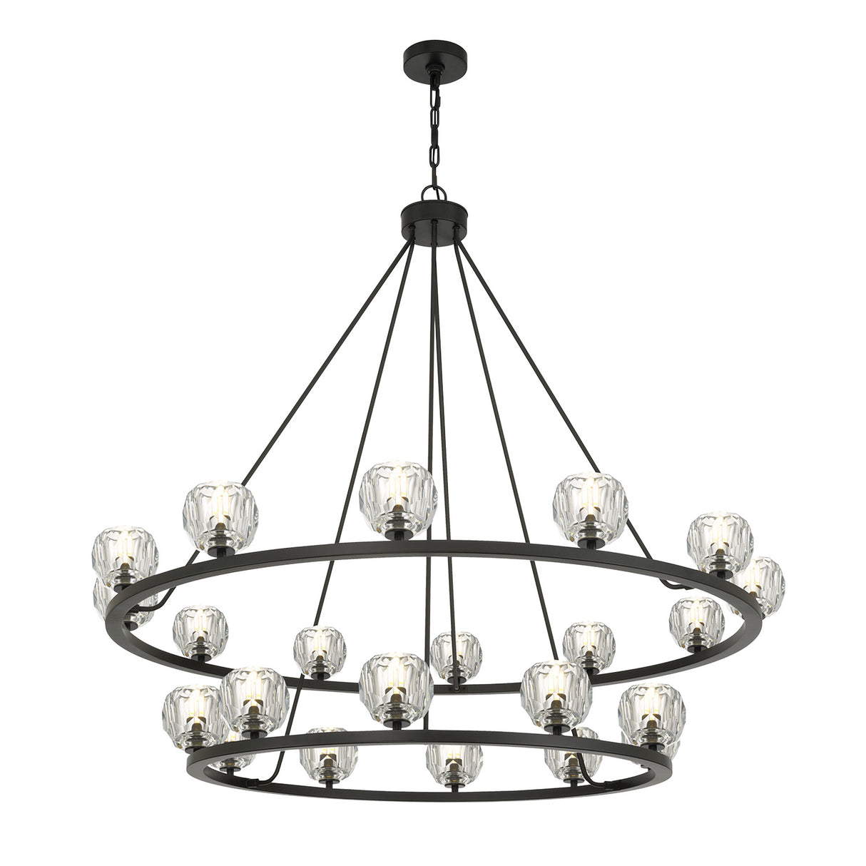 Silas 22 Light Two-Tier Ring Chandelier 48", Matte Black and Faceted Crystal