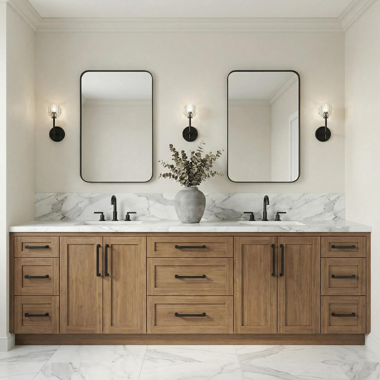 Silas Wall Sconce 11", Matte Black and Faceted Crystal globe Wall Sconce in a Transitional Bathroom with a double vanity and marble.