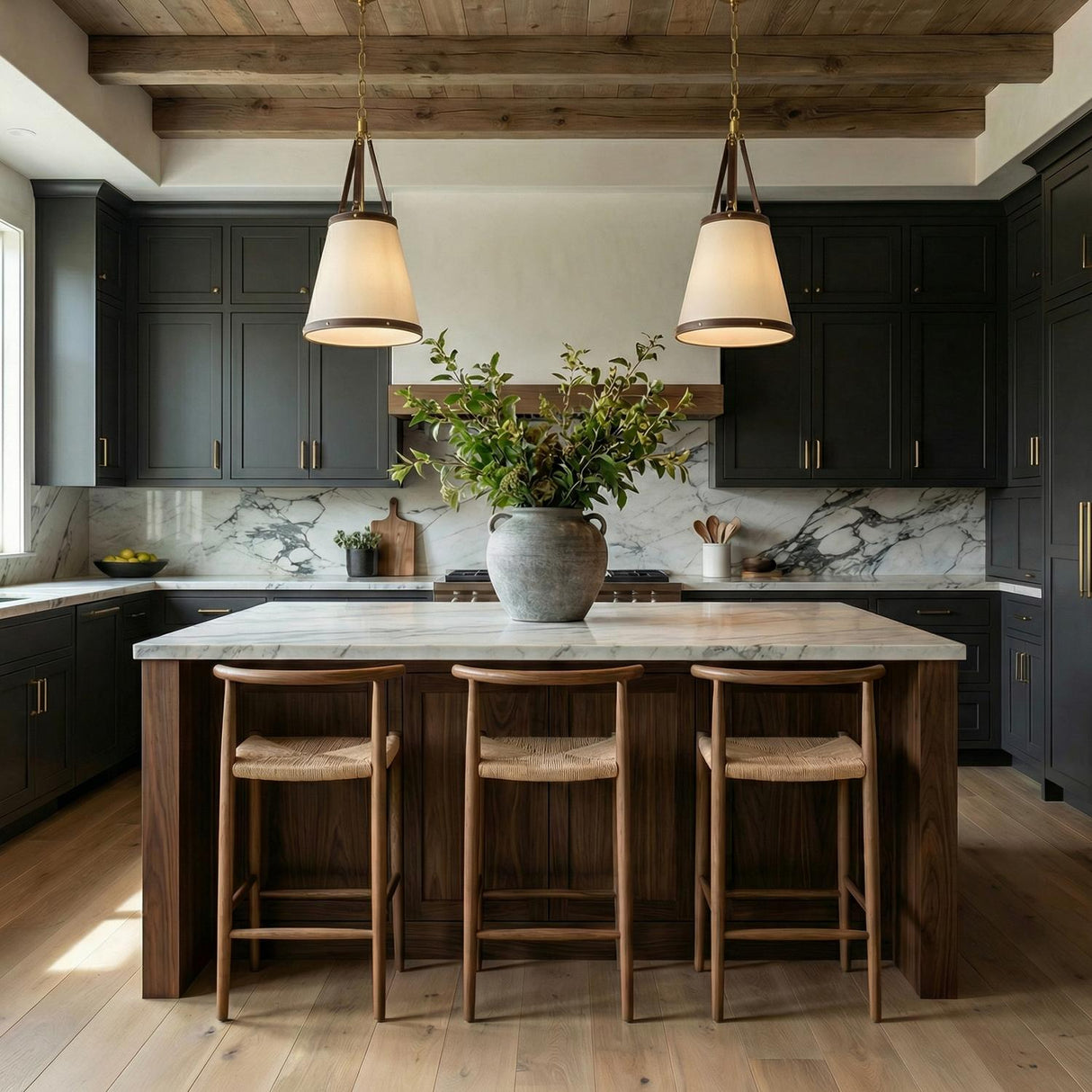 A farmhouse kitchen features two Spencer Small Pendant 14, Brass with Brown Leather Accents over a marble island beneath a rustic beamed ceiling and dark cabinets.