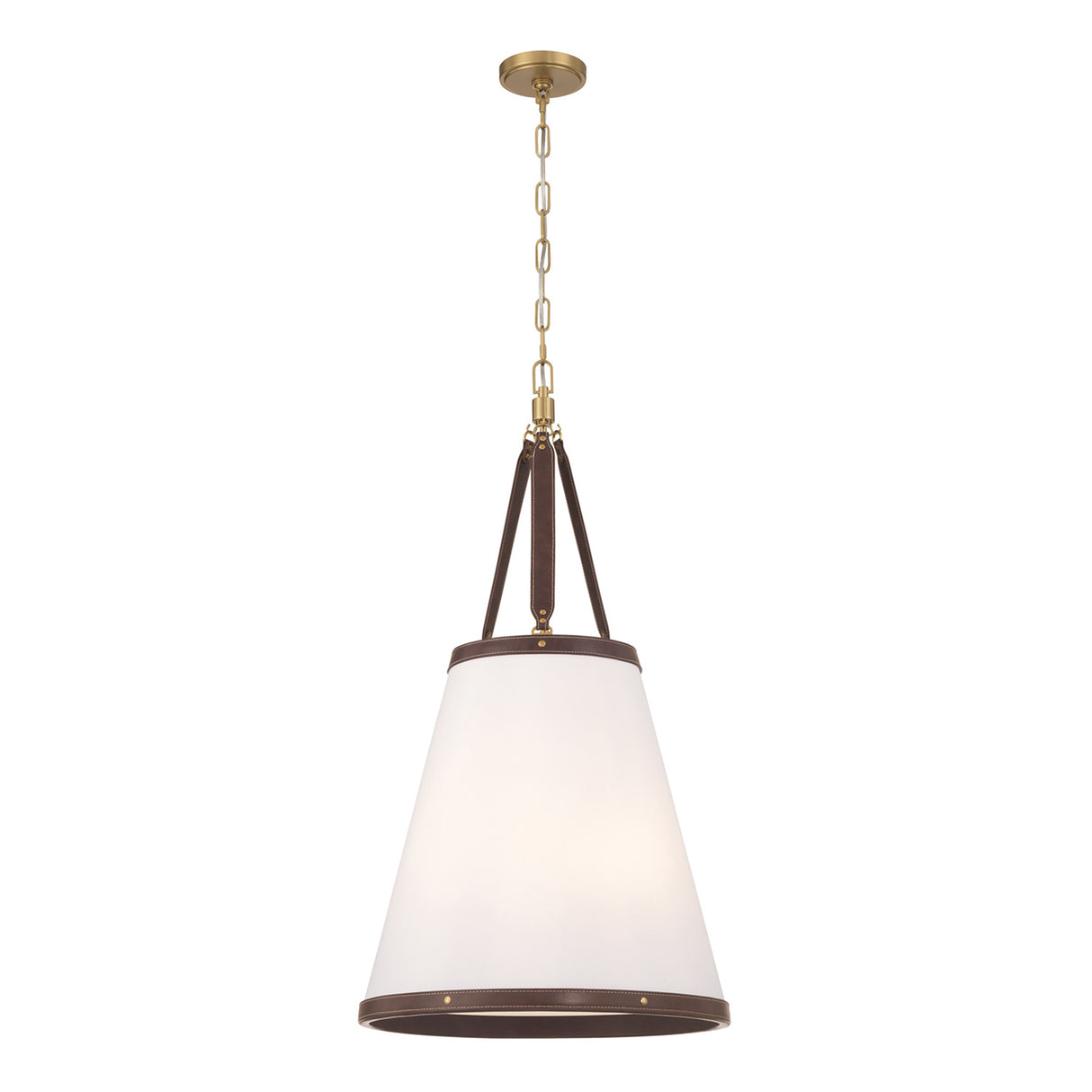 Spencer Medium Pendant 18", Brass with Brown Leather Accents