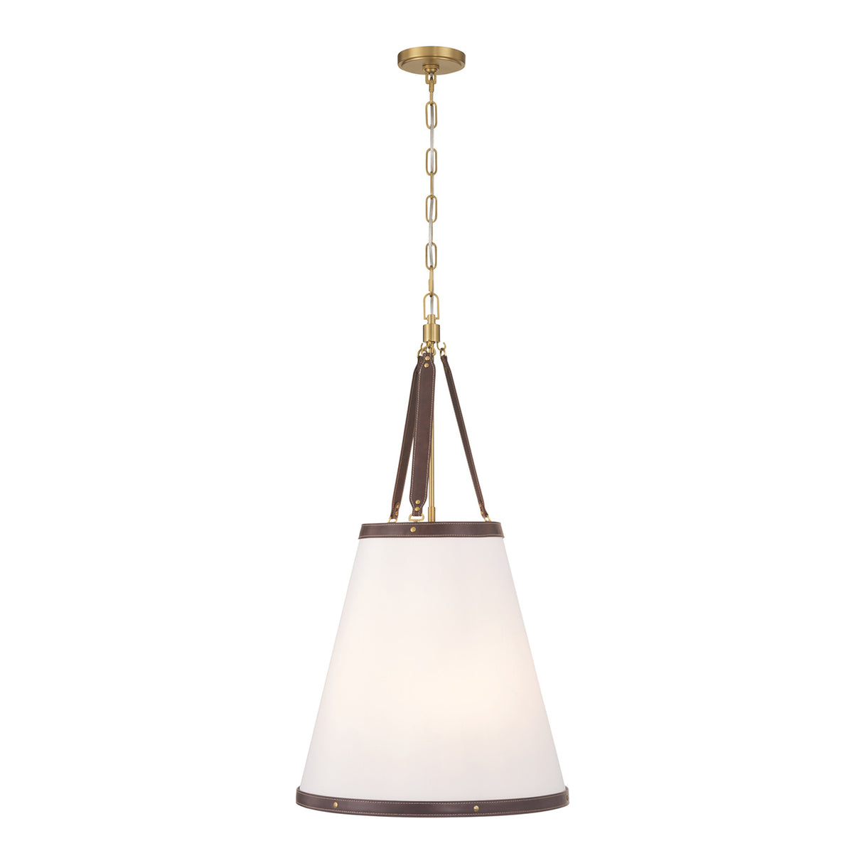 Spencer Medium Pendant 18", Brass with Brown Leather Accents