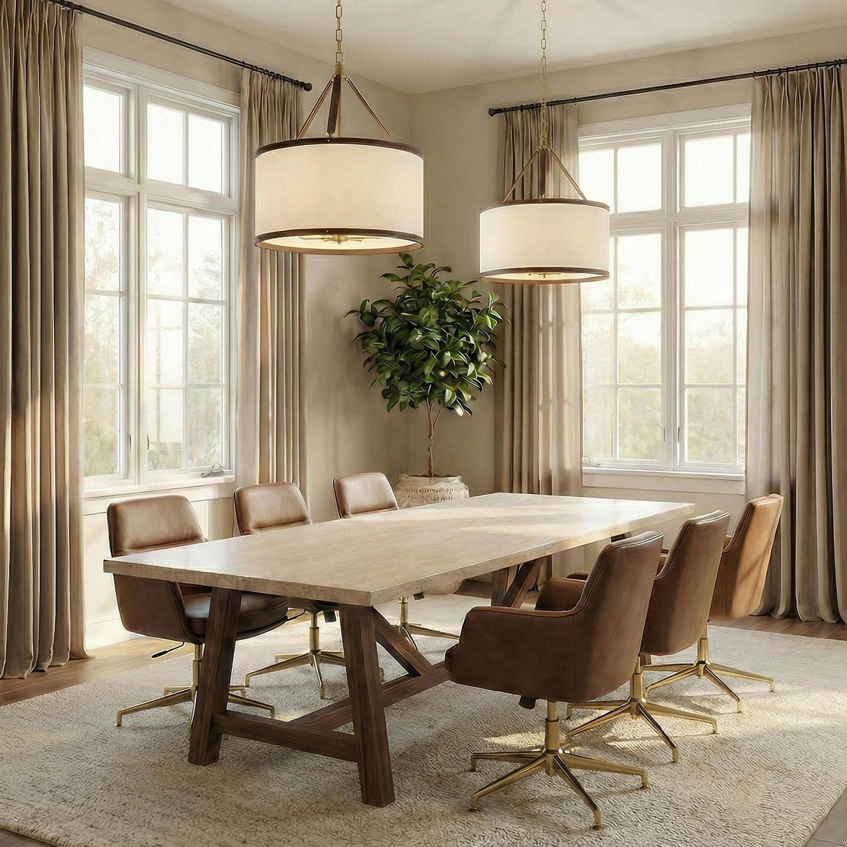 Spencer Pendant, Brass and Brown Leather geometric pendant in a Transitional Dining Room with a rustic oak table and leather chairs.