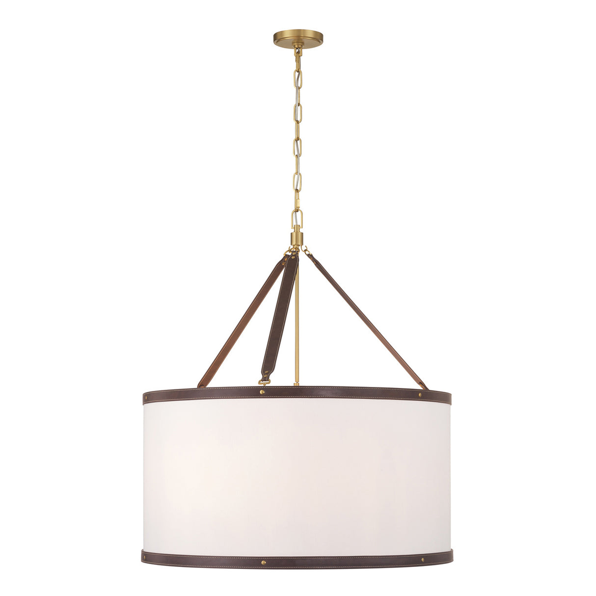 Spencer Pendant 28", Brass with Brown Leather Accents