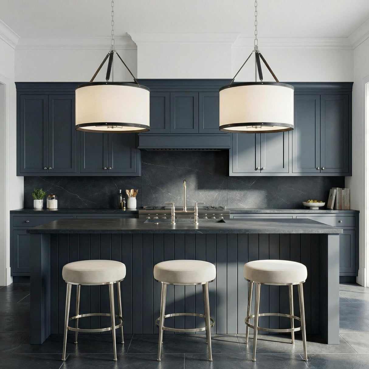 Spencer Pendant, Oil Rubbed Bronze and Leather geometric Pendant in a Transitional Kitchen with dark charcoal cabinets and velvet stools.