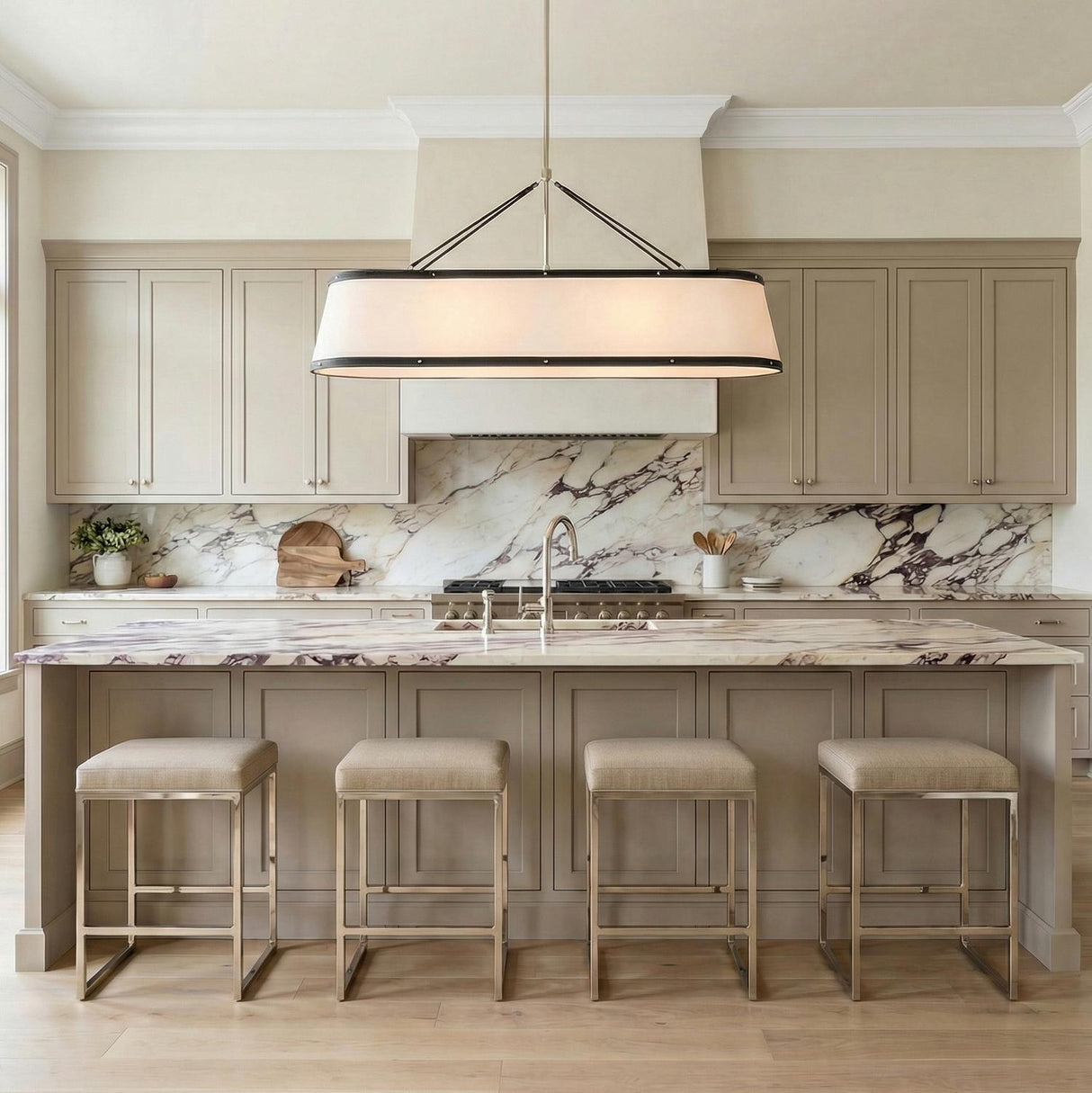 Spencer Linear Pendant in Black and White linear design pendant in a Transitional Kitchen with a purple veined marble island.