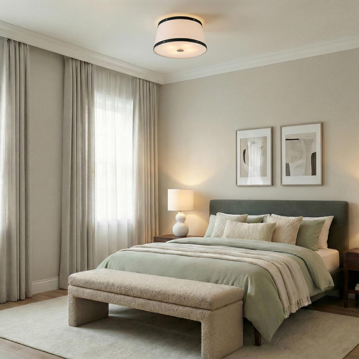 White and Matte Black geometric flush mount in a Transitional Bedroom with a green upholstered bed and textured bench.