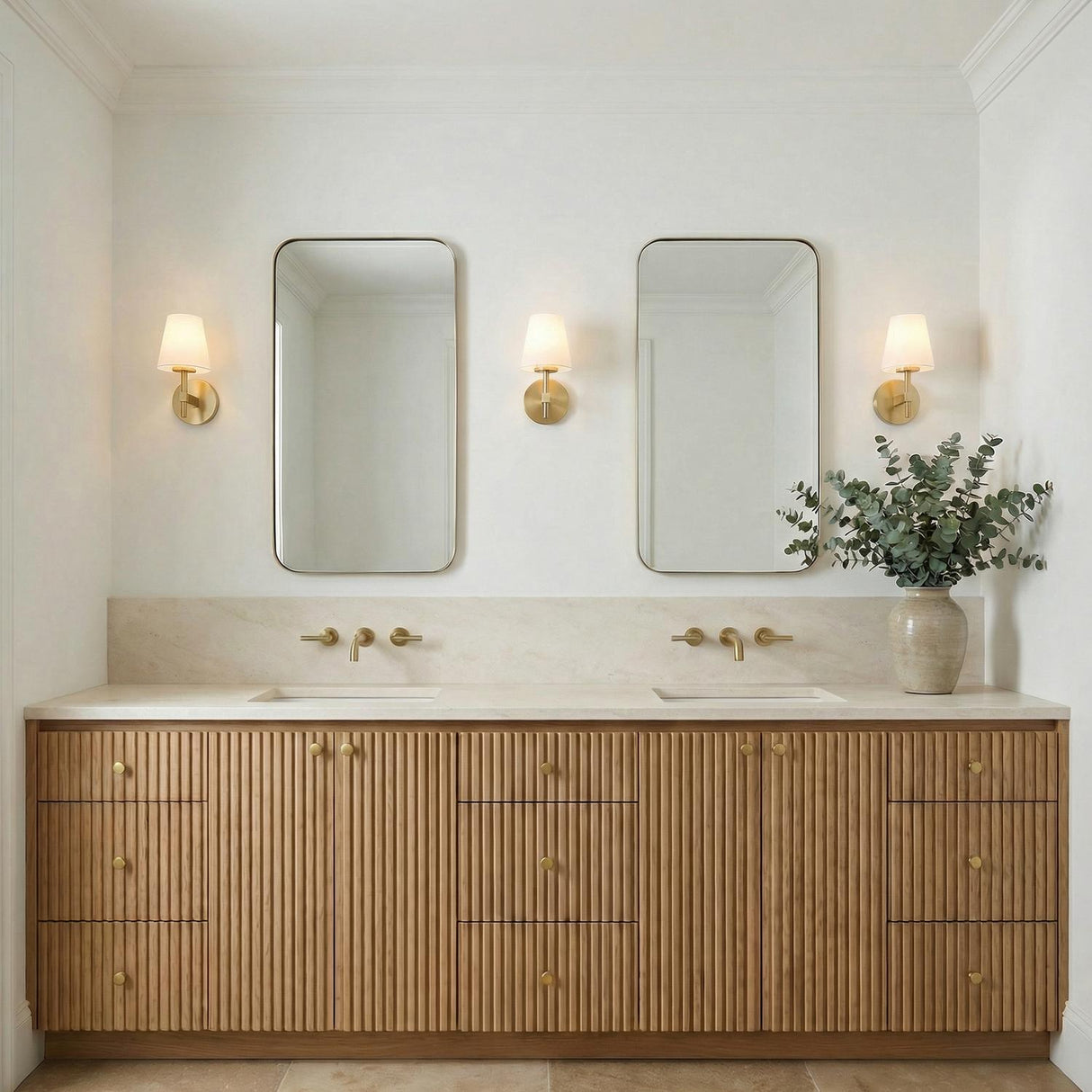 Atticus Wall Sconce, Brass and Opal Glass linear wall sconce in a Transitional Bathroom with a fluted wood double vanity.