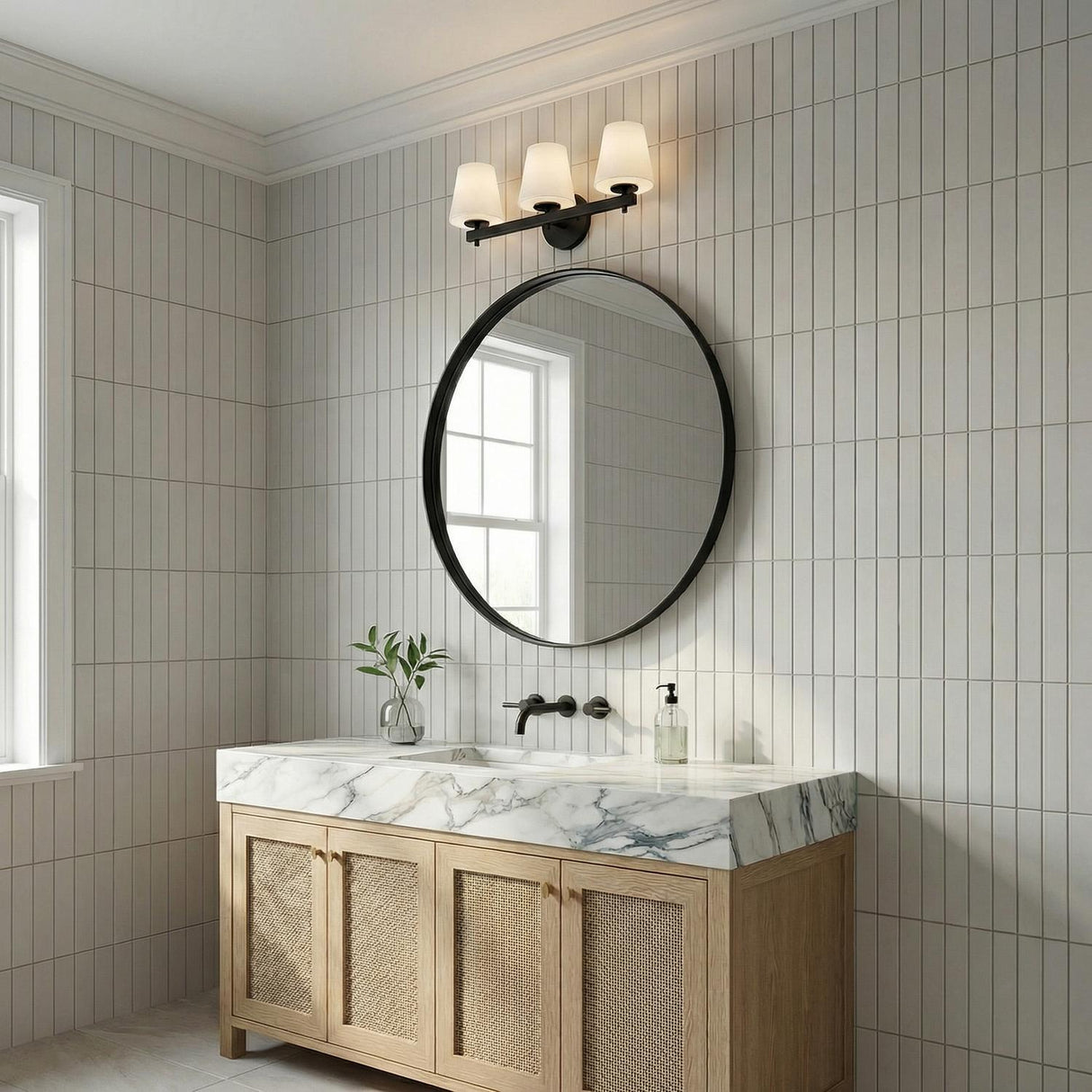 Atticus 3 Light Vanity, Black and Opal Glass geometric Vanity in a Contemporary Bathroom with a marble counter and cane vanity.