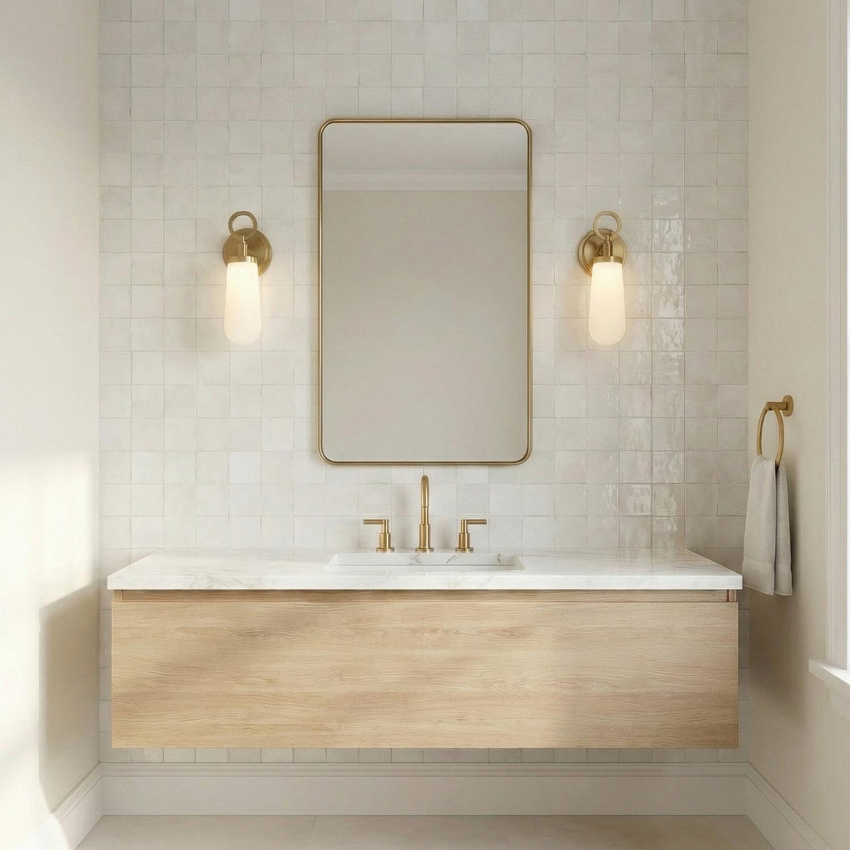 Finnian LED Wall Sconce 13", Brass globe Wall Sconce in a Contemporary Bathroom with a white marble vanity and gold mirror.
