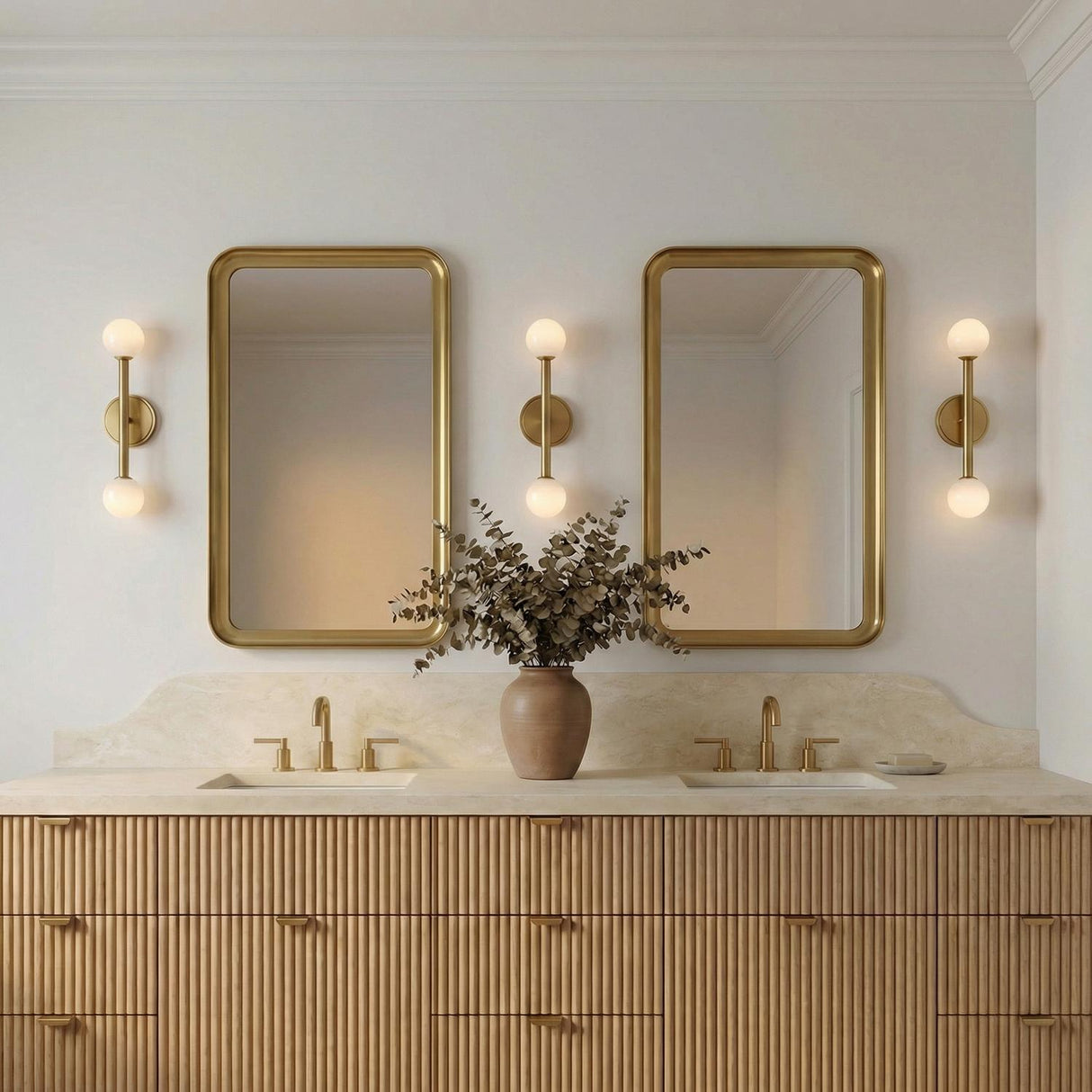 Ashton 2 Light Wall Sconce, Brass and Strie Glass