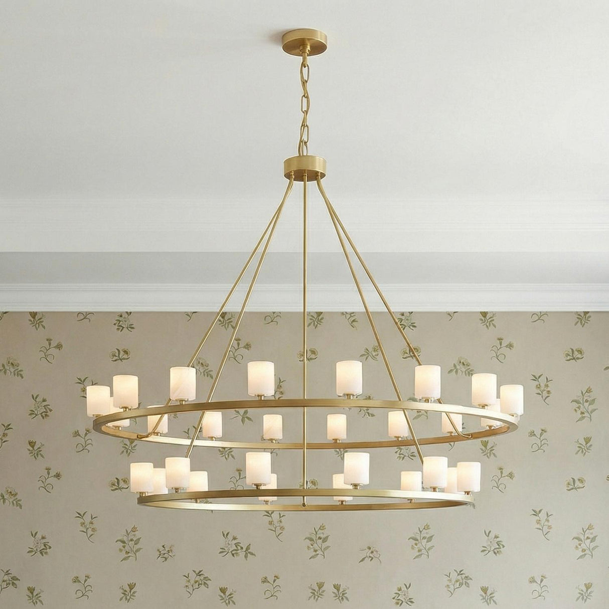 Arlo 30 Light Two-Tier Ring Chandelier 59", Soft Brass and Alabaster