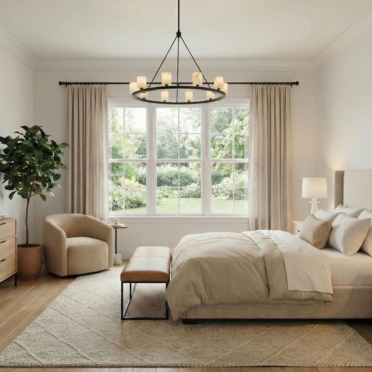 Arlo 10 Light Ring Chandelier 35", Matte Black and Alabaster geometric ring chandelier in a Transitional Bedroom with neutral bedding.