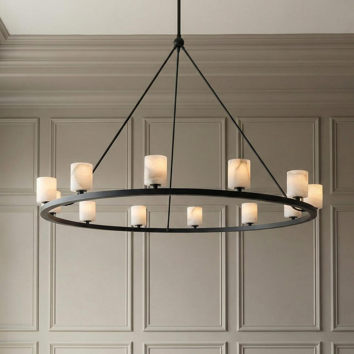 Arlo 12 Light Ring Chandelier 47", Matte Black and Alabaster