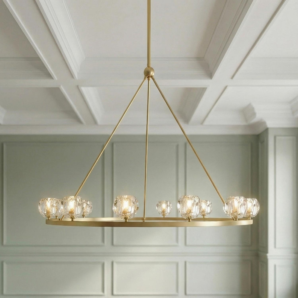 Silas 12 Light Ring Chandelier 48", Soft Brass and Faceted Crystal geometric Chandelier in a Transitional Dining Room with sage green molding.
