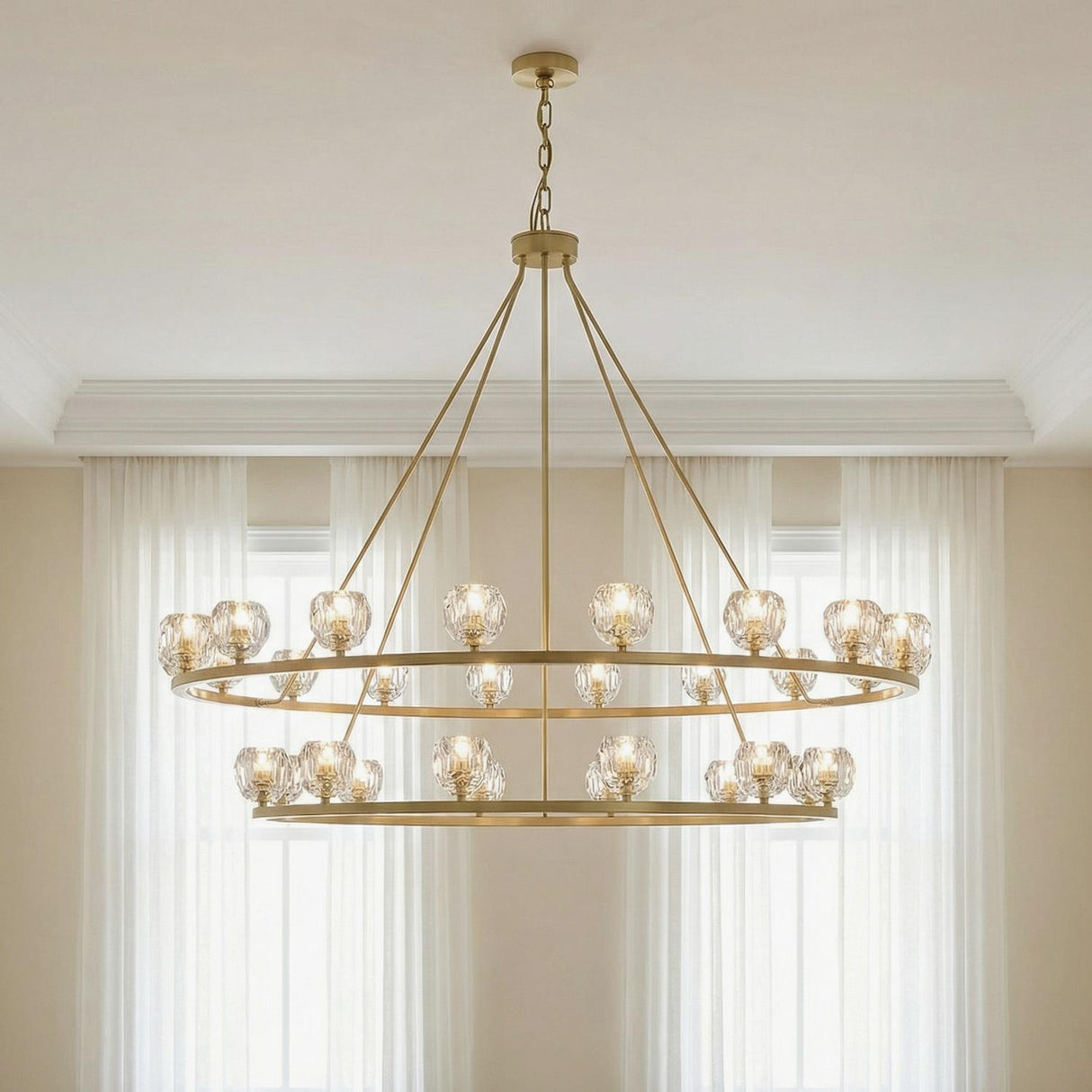 Silas 30 Light Two-Tier Ring Chandelier 60", Soft Brass and Faceted Crystal
