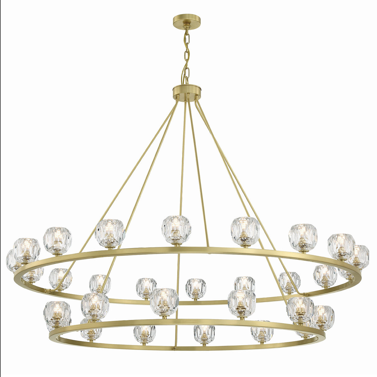 Silas 30 Light Two-Tier Ring Chandelier 60", Soft Brass and Faceted Crystal