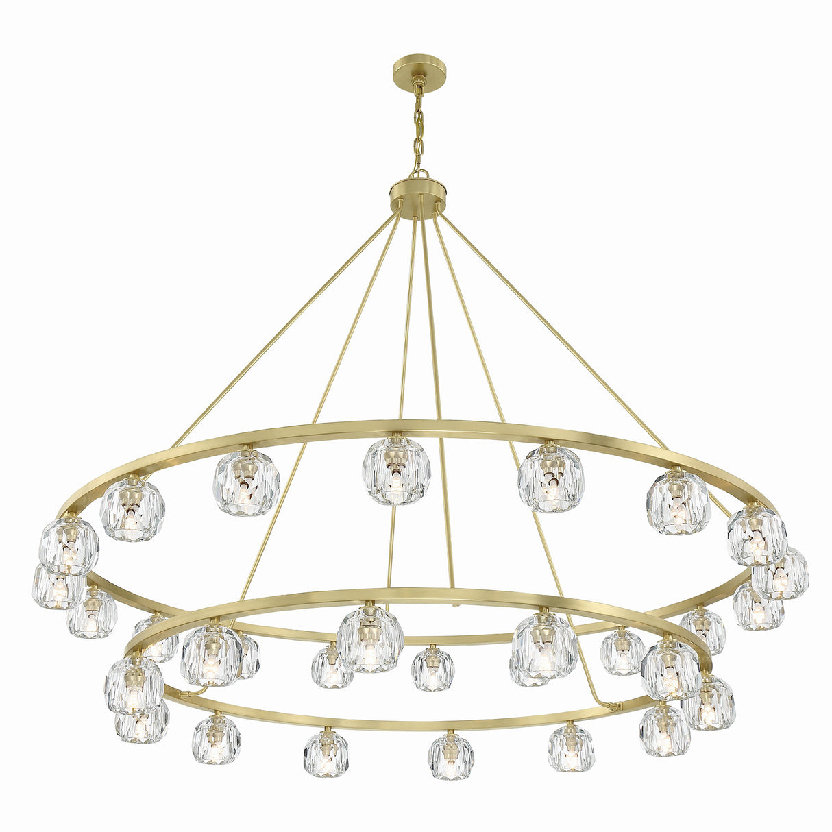 Silas 30 Light Two-Tier Ring Chandelier 60", Soft Brass and Faceted Crystal