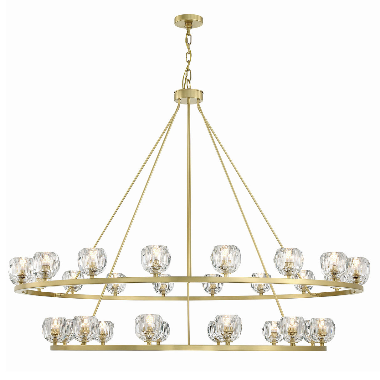 Silas 30 Light Two-Tier Ring Chandelier 60", Soft Brass and Faceted Crystal