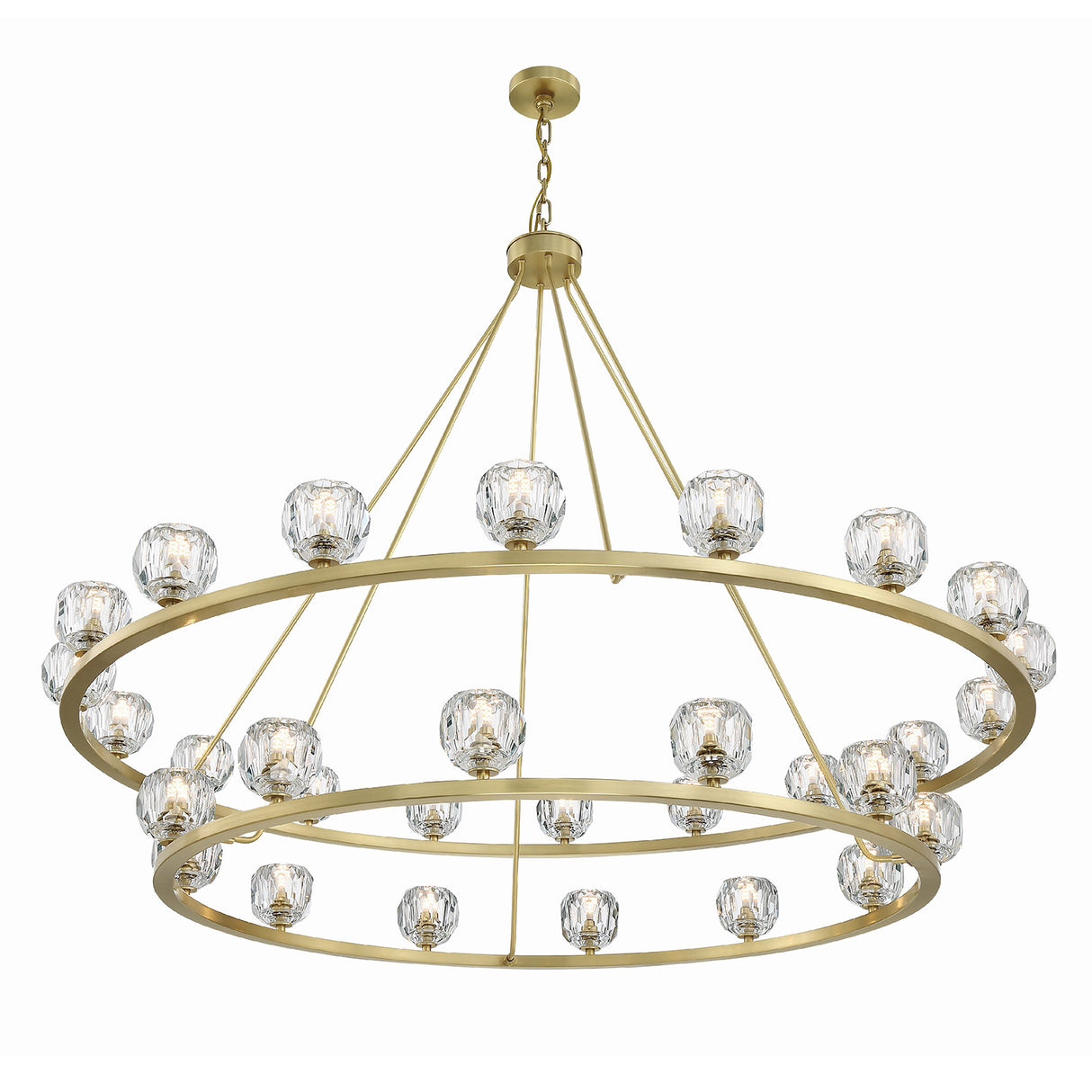 Silas 30 Light Two-Tier Ring Chandelier 60", Soft Brass and Faceted Crystal