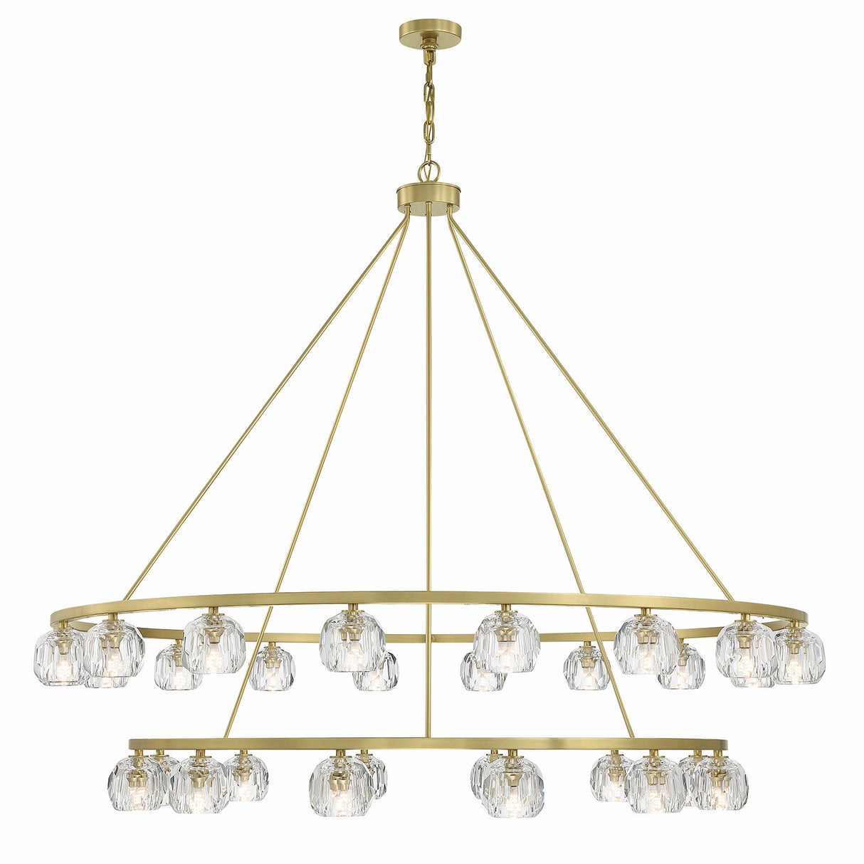 Silas 30 Light Two-Tier Ring Chandelier 60", Soft Brass and Faceted Crystal