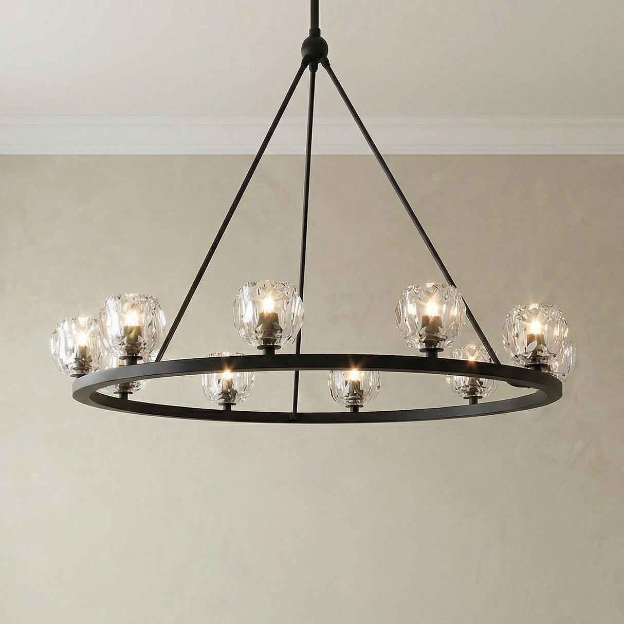 Silas 10 Light Ring Chandelier 36", Matte Black and Faceted Crystal