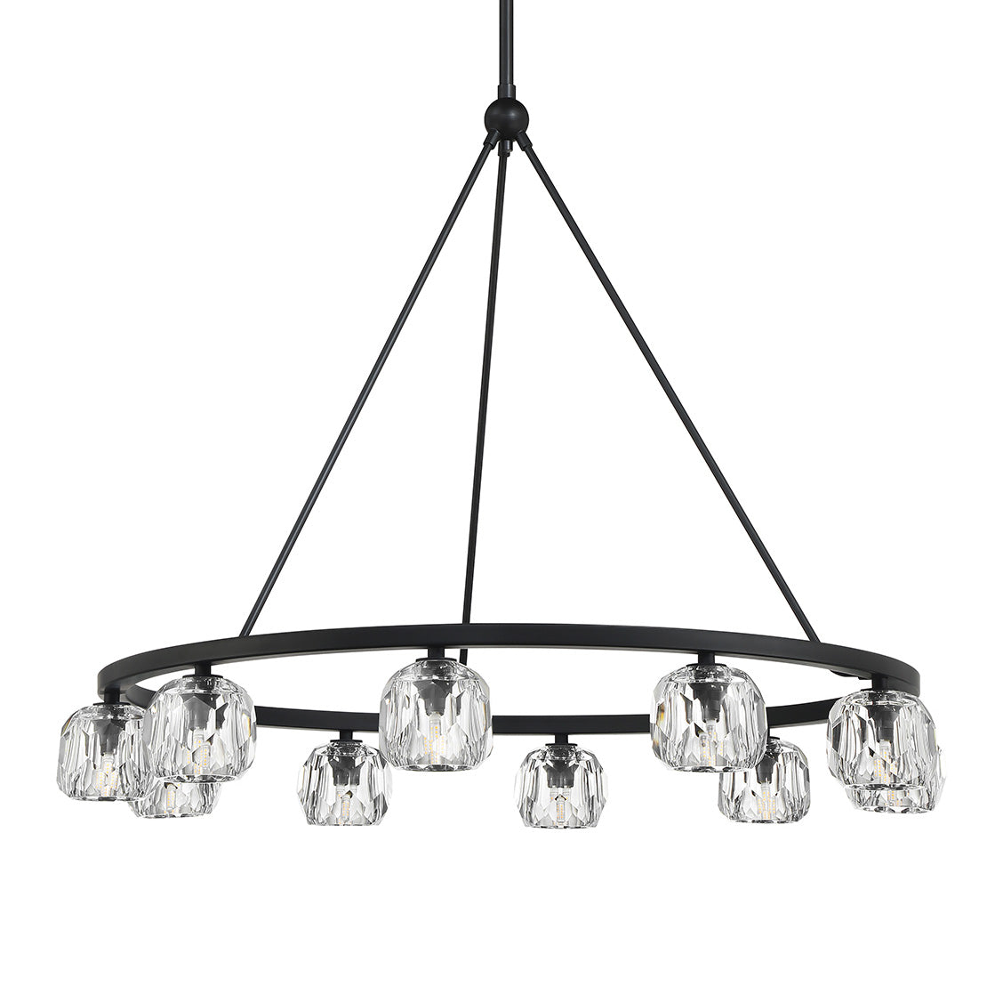 Silas 10 Light Ring Chandelier 36", Matte Black and Faceted Crystal
