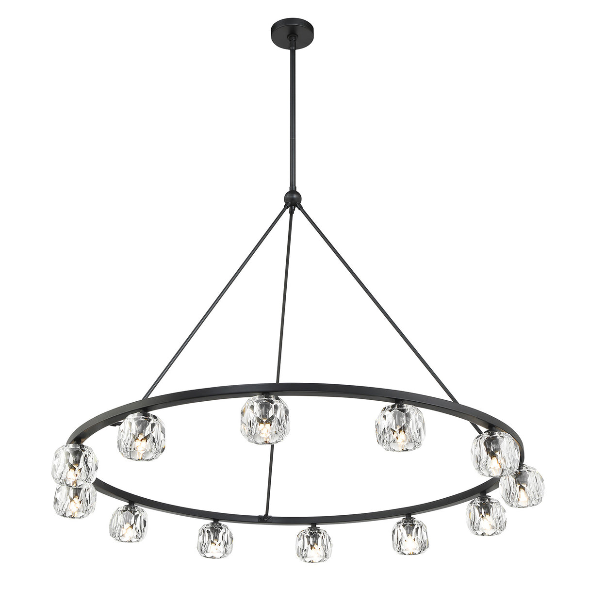 Silas 12 Light Ring Chandelier 48", Matte Black and Faceted Crystal