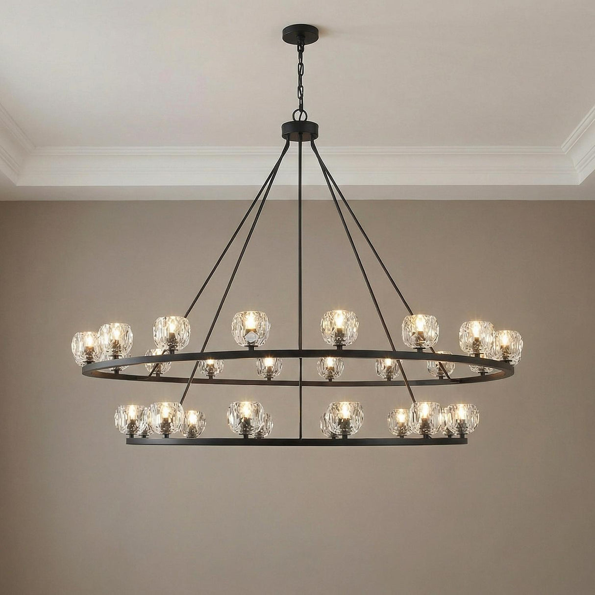 Silas 30 Light Two-Tier Ring Chandelier 60", Matte Black and Faceted Crystal