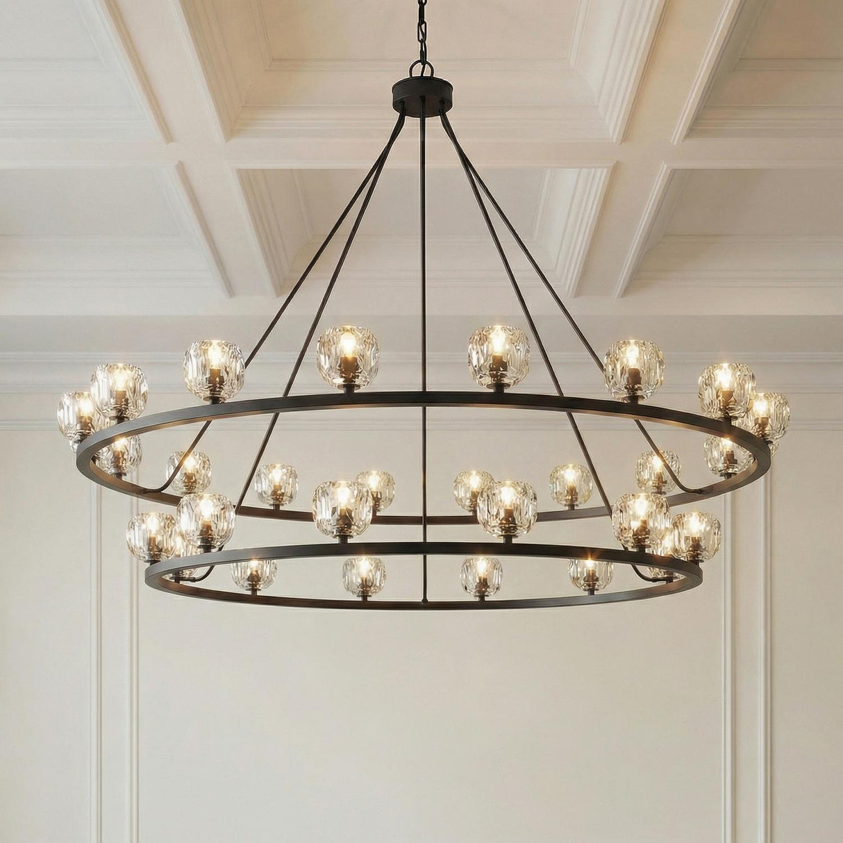 Silas 30 Light Two-Tier Ring Chandelier 60", Matte Black and Faceted Crystal