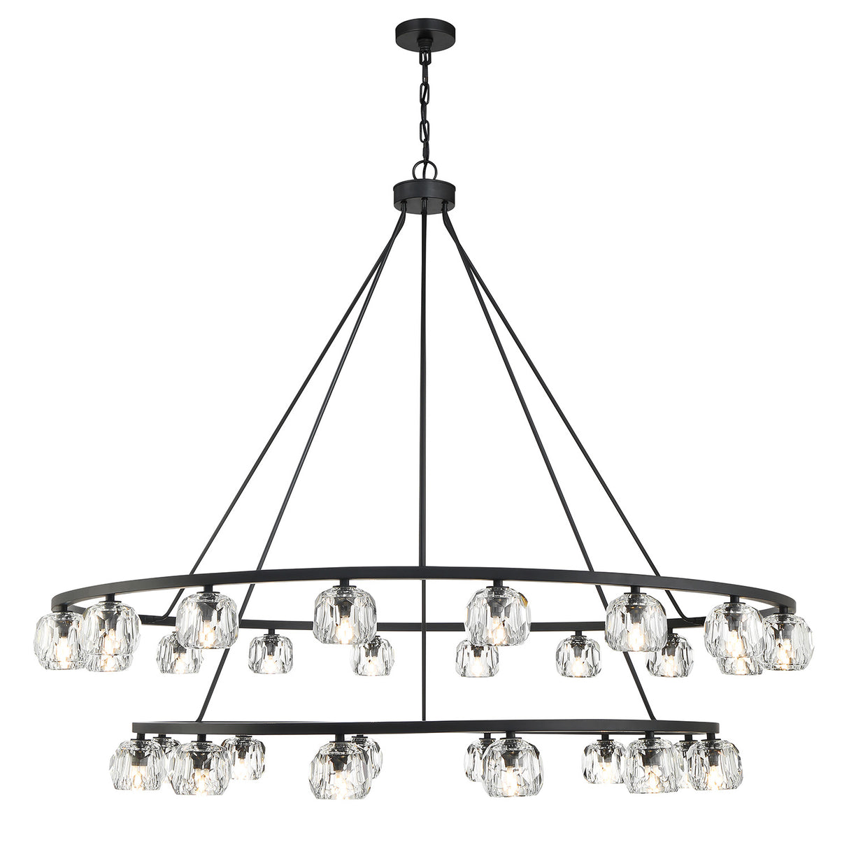 Silas 30 Light Two-Tier Ring Chandelier 60", Matte Black and Faceted Crystal