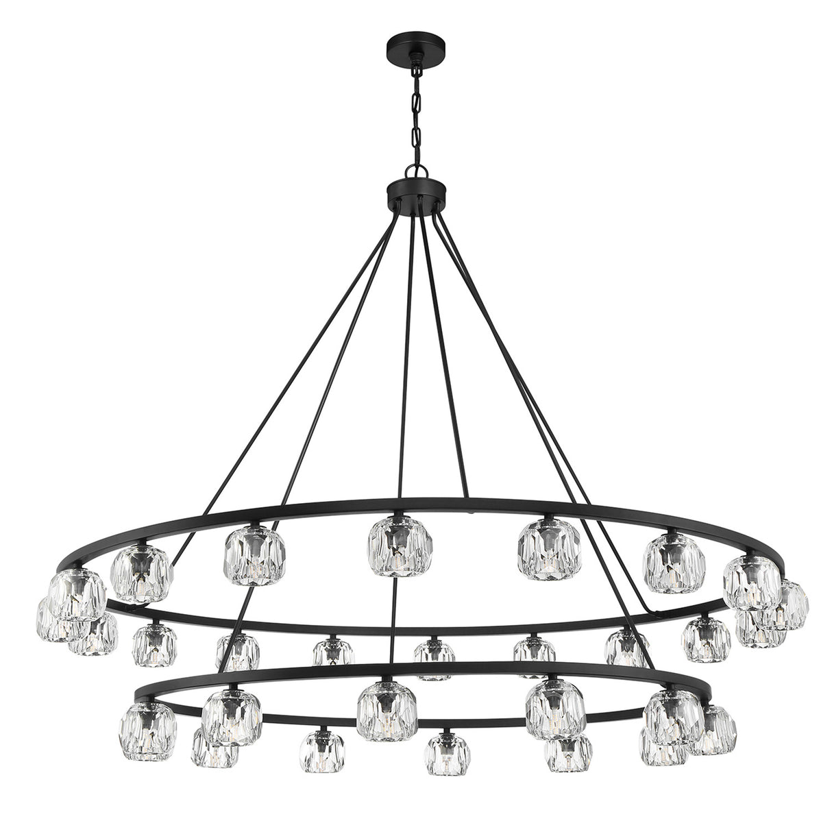Silas 30 Light Two-Tier Ring Chandelier 60", Matte Black and Faceted Crystal