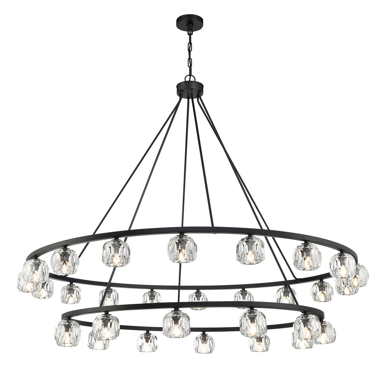 Silas 30 Light Two-Tier Ring Chandelier 60", Matte Black and Faceted Crystal
