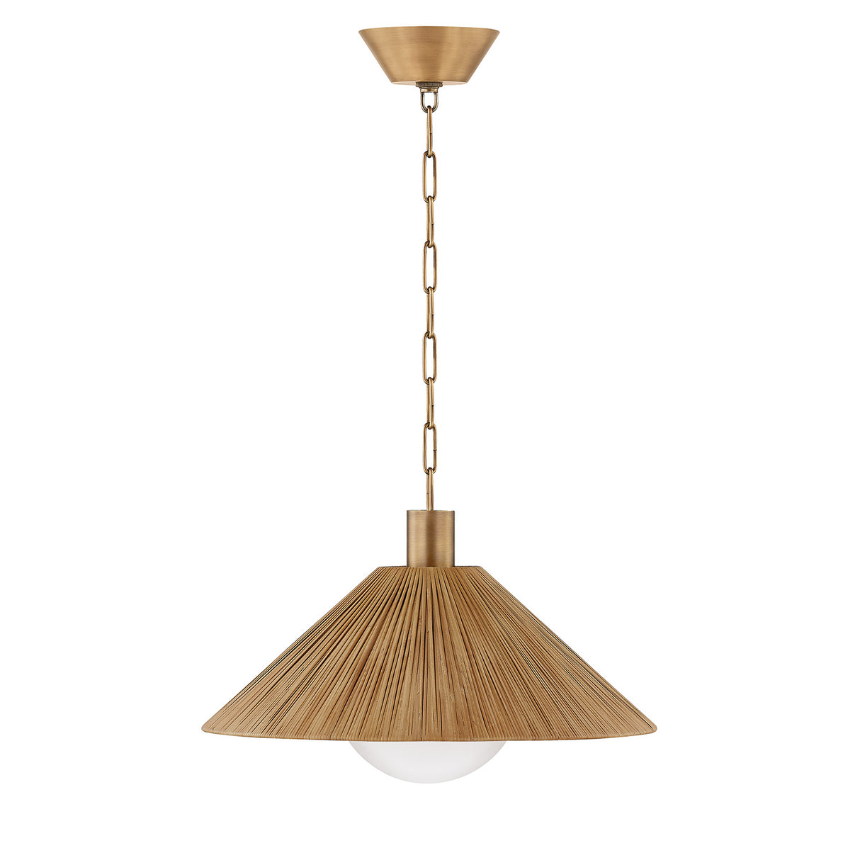 Fawn Medium Pendant 22", Patina Brass and Rattan with Opal Glass
