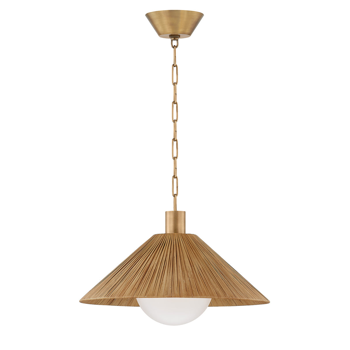 Fawn Medium Pendant 22", Patina Brass and Rattan with Opal Glass