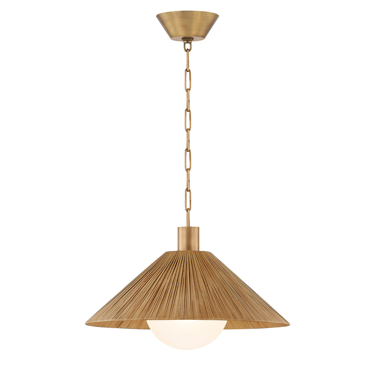 Fawn Medium Pendant 22", Patina Brass and Rattan with Opal Glass