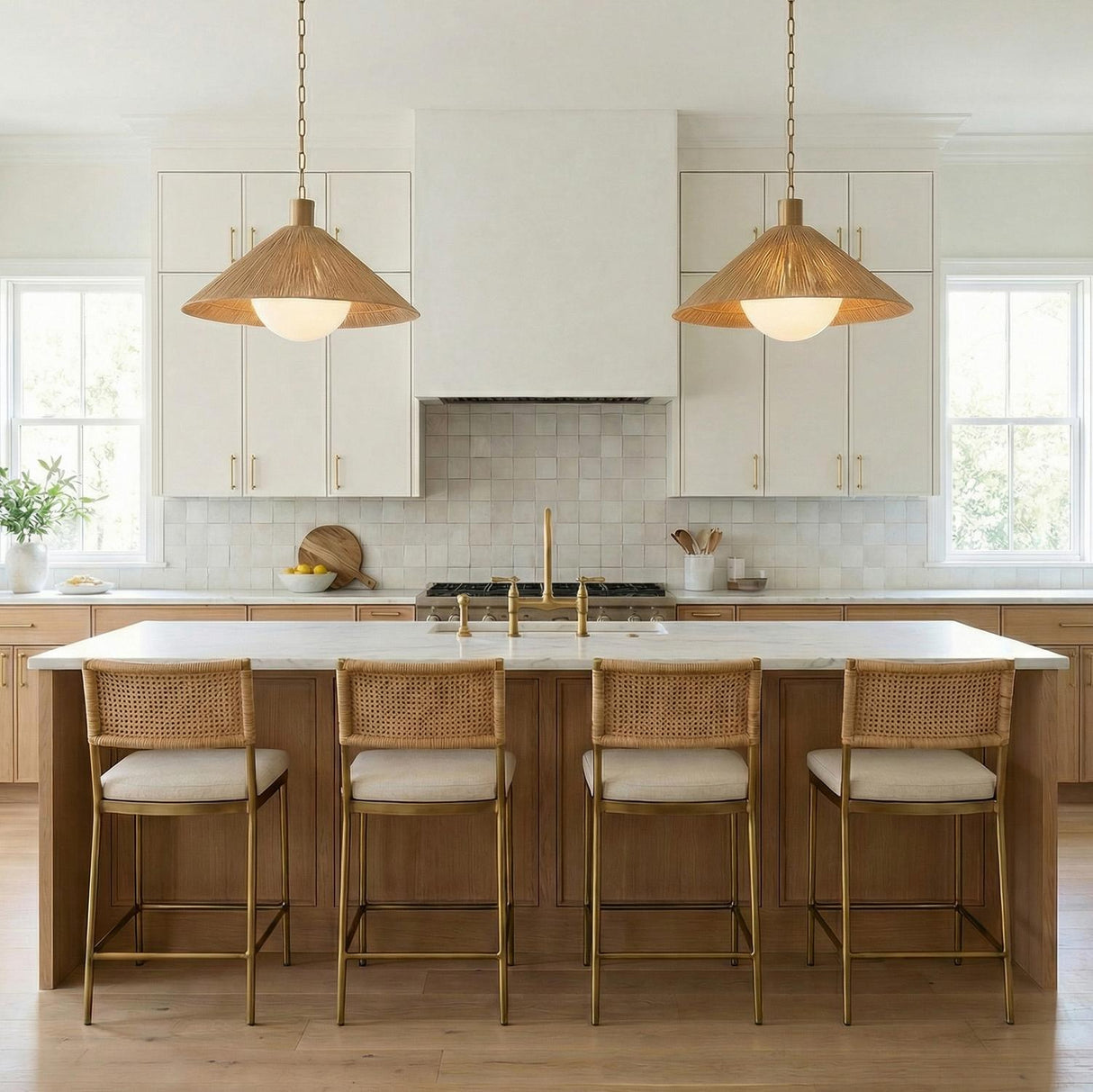 Fawn Large Pendant 32", Patina Brass and Rattan with Opal Glass woven pendant in a Coastal Kitchen with a white marble island.
