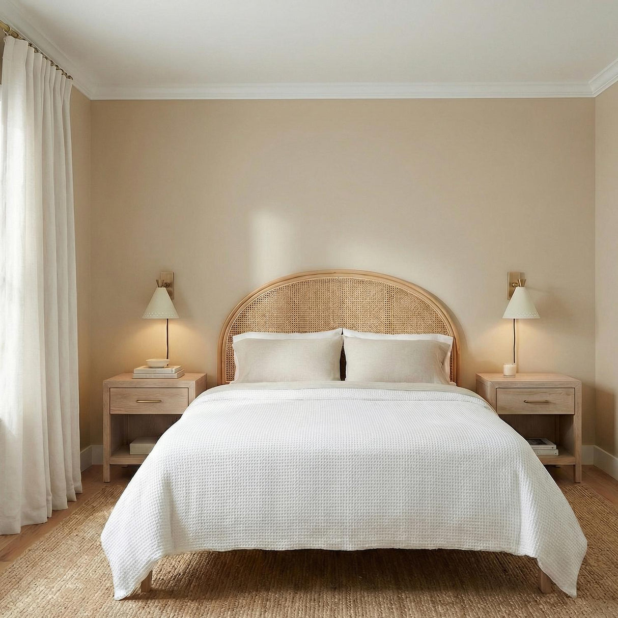 Ansel Plug-In Wall Sconce, Soft Sand and Patina Brass geometric wall sconce in a Coastal Bedroom with a cane headboard.