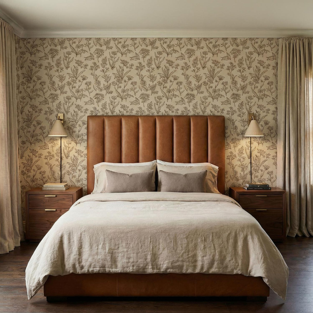 Ansel Plug-In Wall Sconce, Soft Sand and Patina Brass geometric wall sconce in a Transitional Bedroom with a leather channel tufted bed.