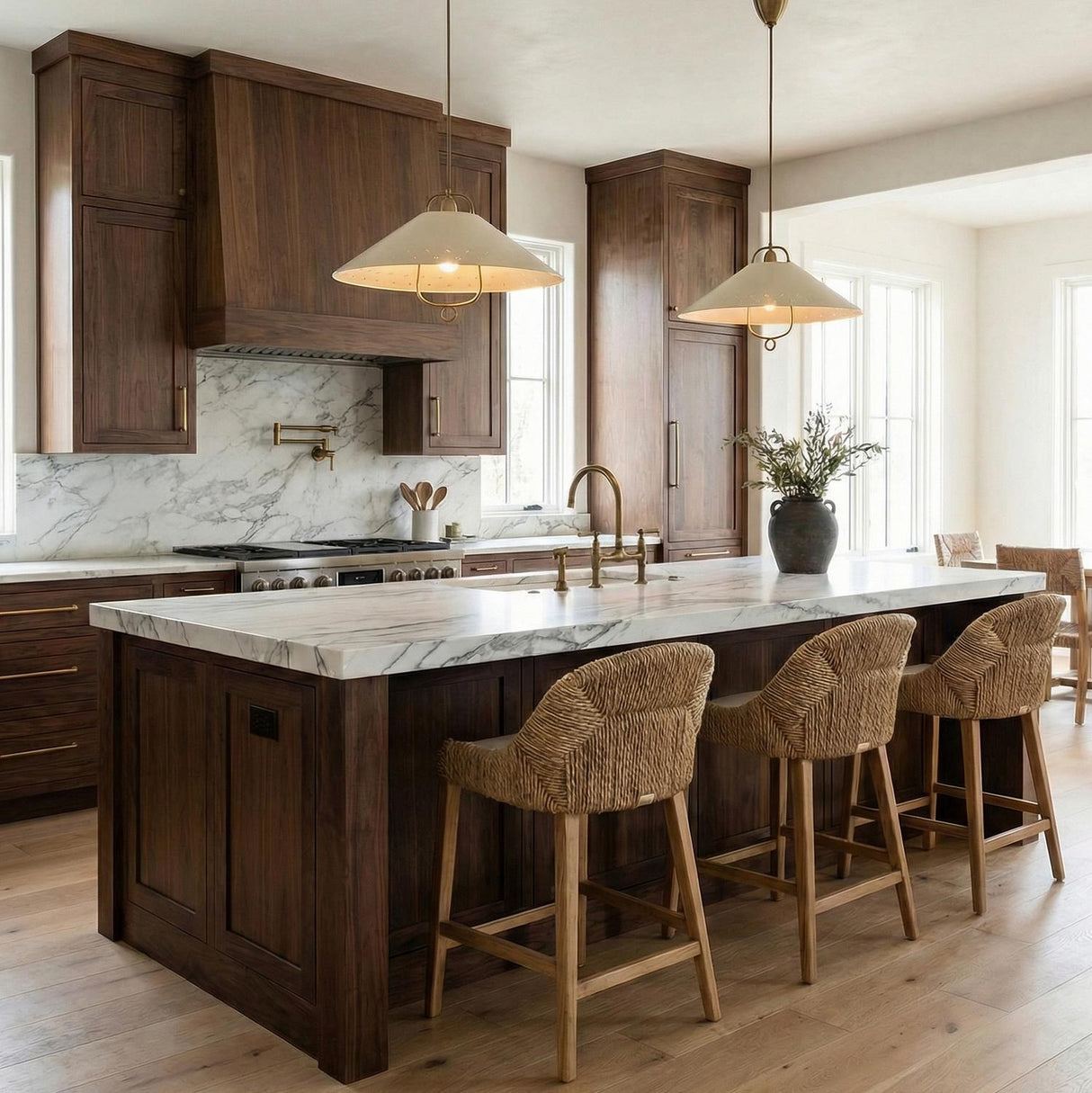 Jerico Pull-Down Pendant 24", Soft Sand and Patina Brass geometric pendant in a Transitional Kitchen with a white marble island.