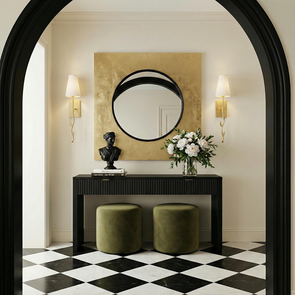 Liana Wall Sconce 25", Gold Leaf branch design wall sconce in a Contemporary Entryway with a black console and green ottomans.