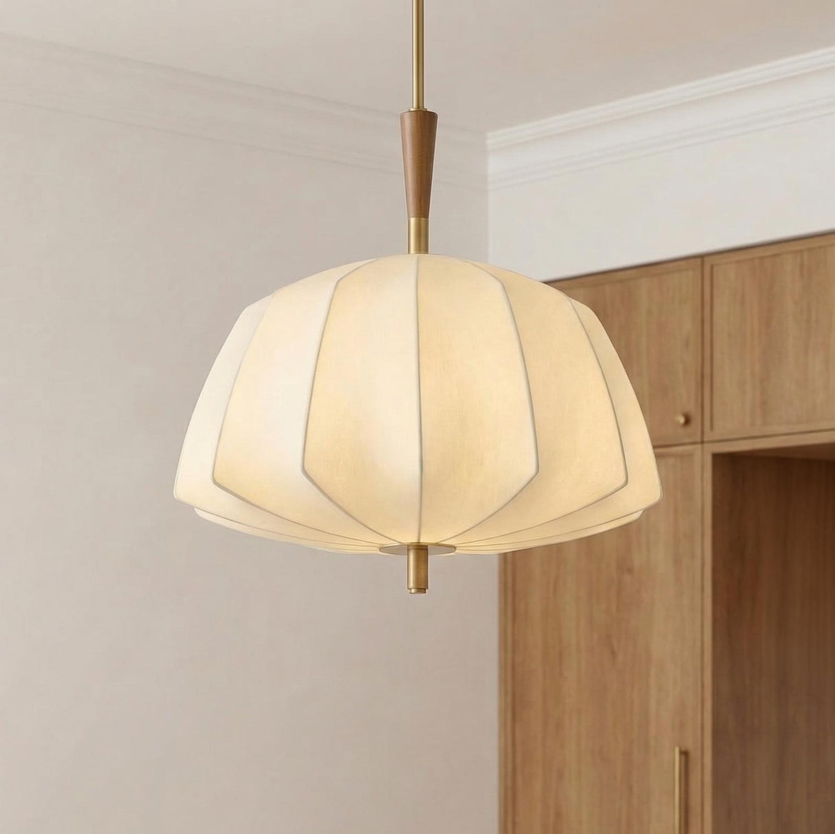 Winthrop Fabric Pendant, Medium, 20", Patina Brass and Wood