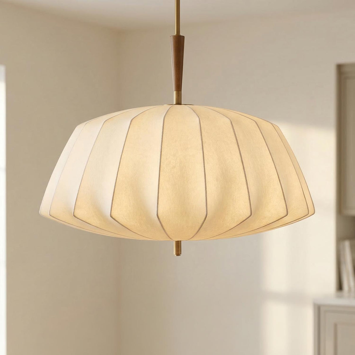 Winthrop Fabric Pendant, Large 32", Patina Brass and Wood