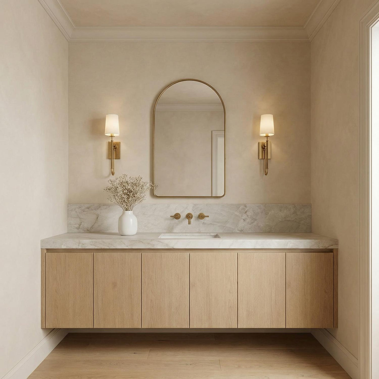 Pratt Single Wall Sconce 21", Aged Brass linear Wall Sconce in a Transitional Bathroom with a marble vanity and arched mirror.
