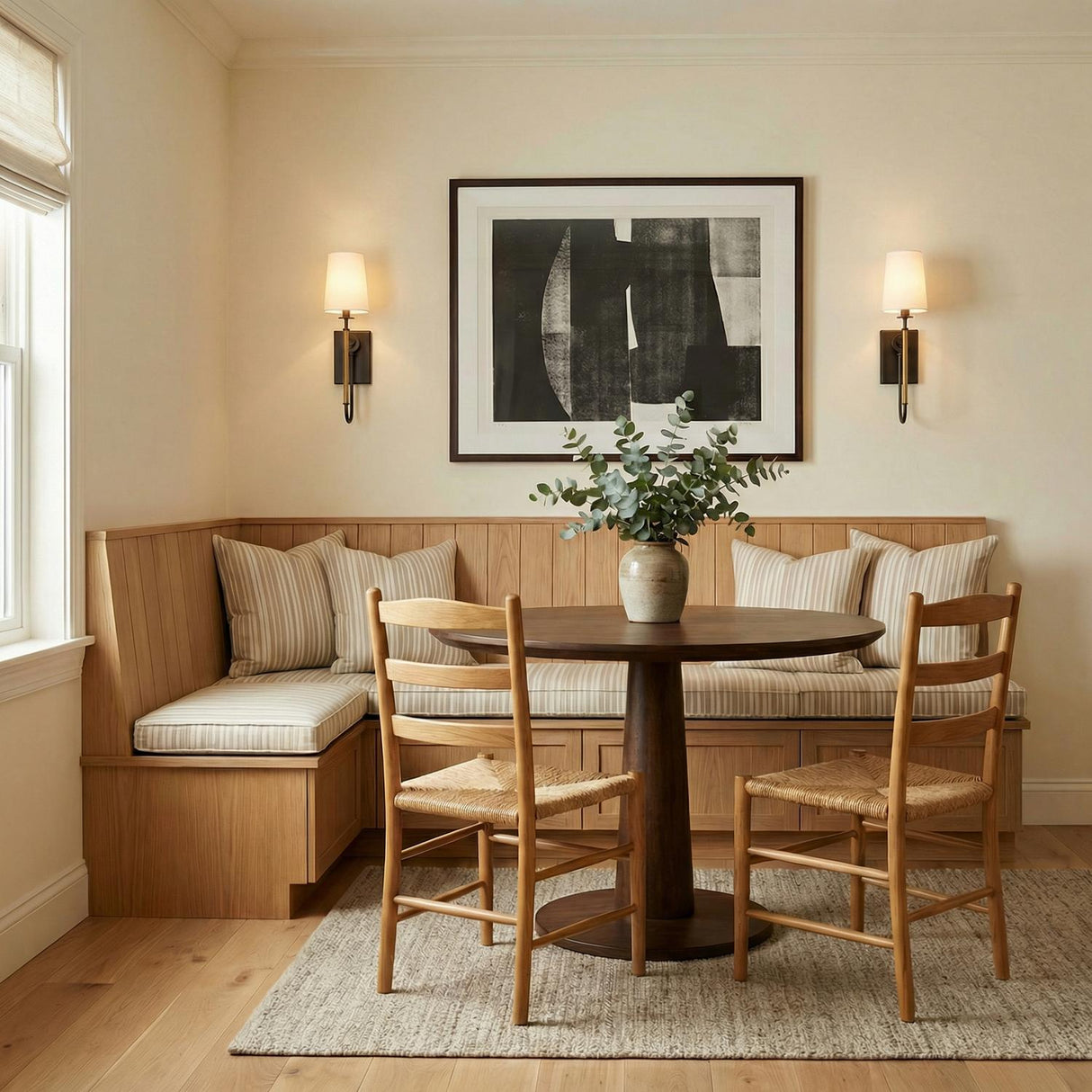 Pratt Single Wall Sconce 21", Old Bronze and Aged Brass linear wall sconce in a Transitional Dining Room with a built-in wooden banquette.