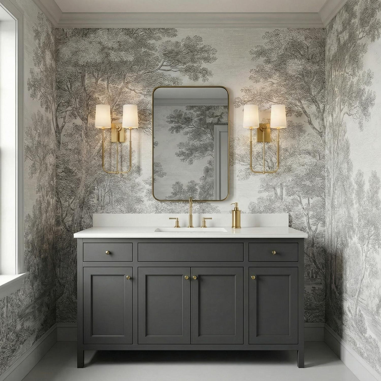 Pratt Double Wall Sconce 21", Aged Brass linear Wall Sconce in a Transitional Bathroom with tree wallpaper and a charcoal vanity.