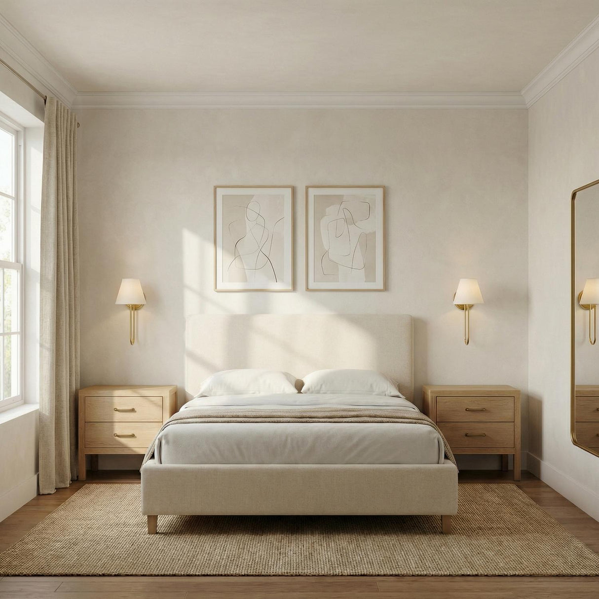 Harmony Wall Sconce 15", Aged Brass linear Wall Sconce in a Transitional Bedroom with a neutral upholstered bed and oak nightstands.