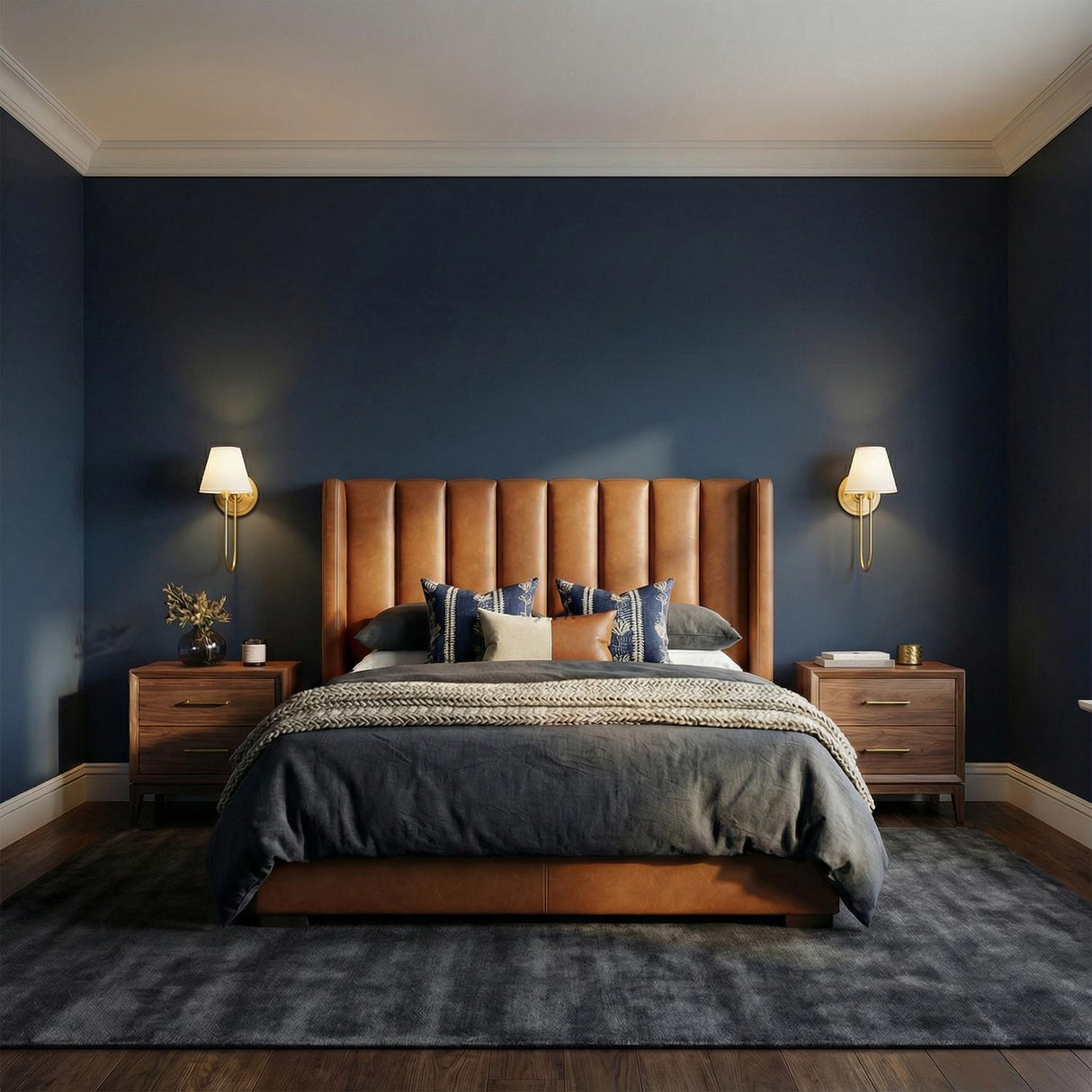 Harmony Wall Sconce, Aged Brass geometric wall sconce in a Transitional Bedroom with a camel leather headboard and navy walls.