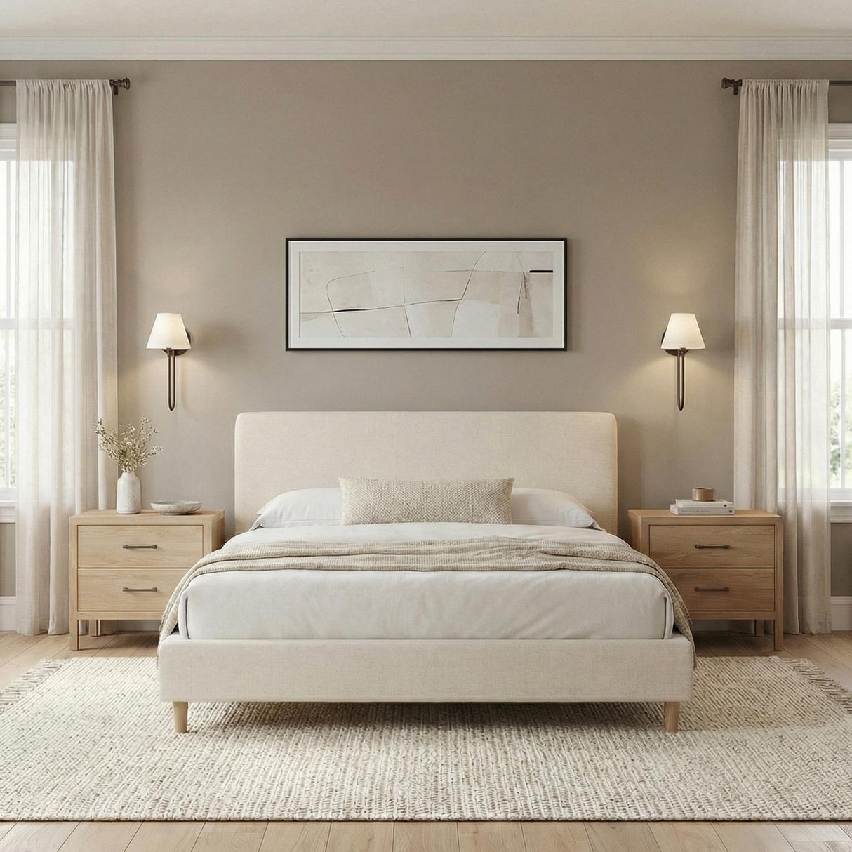 Harmony Wall Sconce 15", Old Bronze tapered Wall Sconce in a Transitional Bedroom with a cream upholstered bed and oak nightstands.